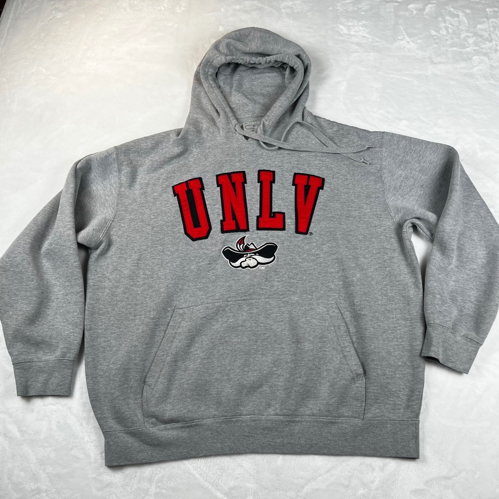 UNLV Rebels Hoodie Mens XL Gray Hey Reb Mascot Embroidered Pullover Sweatshirt